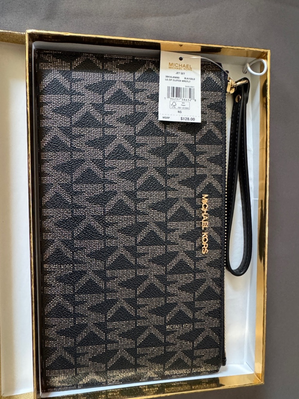 Michael Kors Black and Gold Signature Logo Wristlet